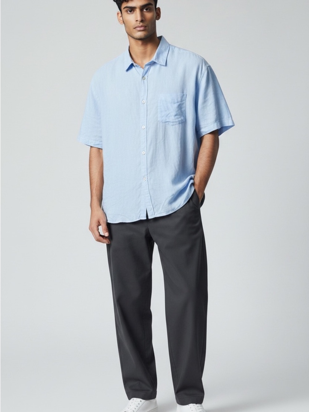 Casual Light Blue 100% Linen Short Sleeve Button Shirt